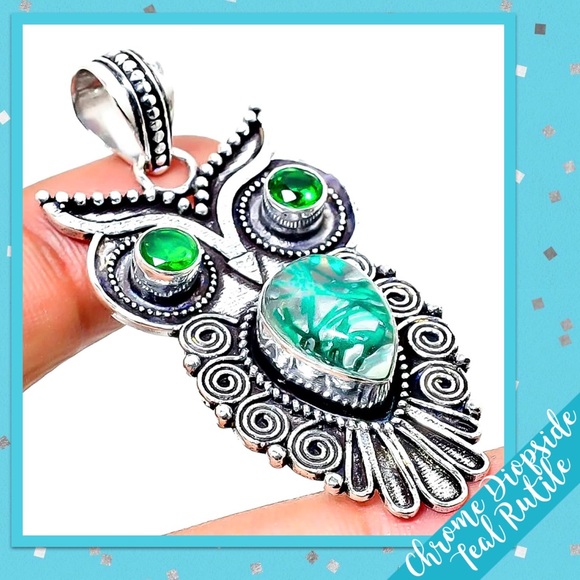 Diopside & Teal Rutile Owl Pendant (Green & Blue-Green) - Picture 1 of 4